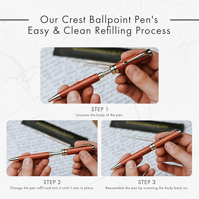 Wordsworth and Black Ballpoint Pen Set - Stunning Luxury Pen Bamboo Blackwood Gold Finish, Refillable, Best Ball Pen for Men & Women, Black Ink Refill, Elegant, Point Pen