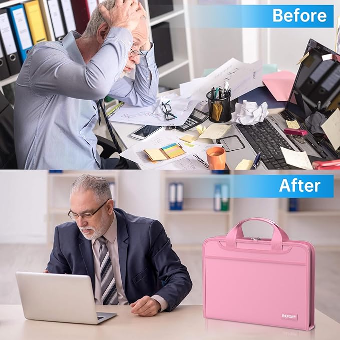 ENGPOW Accordion File Organizer,Fireproof Expanding File Folder with Multi Pockets,13 Pockets Document Organizer with Handle & Labels,Portable Home Travel Safe Storage Folder for Letter A4 Files,Pink