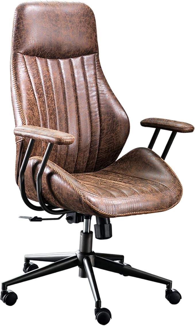 ovios Ergonomic Home Office Chair, Mid-Century Modern Faux Leather Chairs with Padded Armrests, Comfy High Back Swivel Rolling Executive Computer Armchair (Dark Brown, Suede Leather)