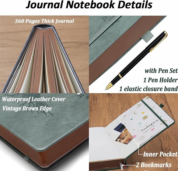 ZXHQ A4 360 Pages Lined Journaling Notebooks with Pen, Journals for Women Men Writing Notebook, Brown Edge, Hardcover, A4 Size 8.5'' x11'' Grey