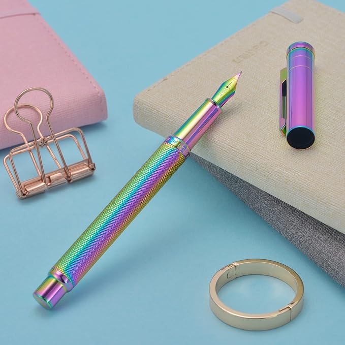 Asvine Hongdian Forest Fountain Pen Fine Nib Rainbow Color with Converter and Metal Pen Box Set
