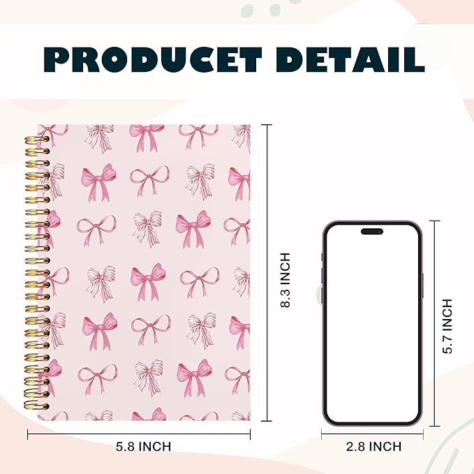 BearCake Pink Bow Sticky notebook,Cute Pink Preppy Journal,Trendy Coquette Pink Bow Notebook for women notebook,Pink bow notebook for note taking,Hardcover Spiral Notebook 5.5x8.3