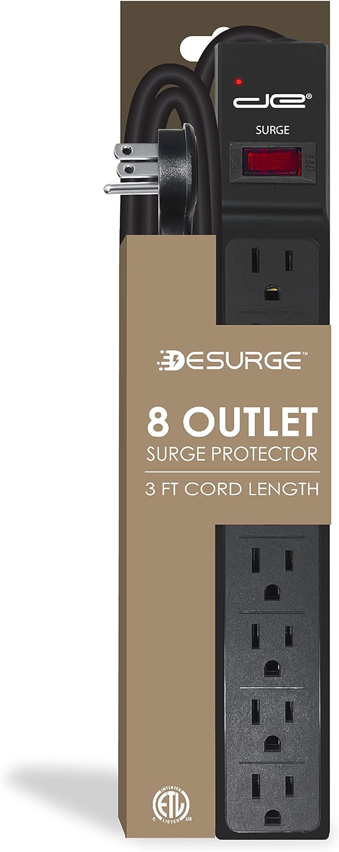 Digital Energy 8 Outlet Surge Protector Power Strip - 15 AMP, 1875 W, 125 V, 350 J Surge Protection, ETL Listed - Flat Plug, Black, 3 FT