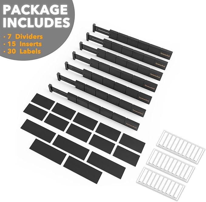 SpaceAid Bamboo Drawer Dividers with Inserts and Labels, Kitchen Adjustable Drawer Organizers, Expandable Organization for Home, Office, Dressers, 7 Dividers with 15 Inserts (17"-22" Black)