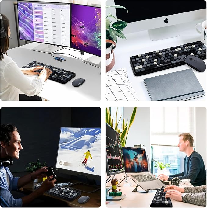 FOPETT Wireless Keyboard and Mouse Combo, 104 Keys Full-Sized 2.4 GHz Round Keycap Colorful Keyboards, USB Receiver Plug and Play, for Windows, Mac, PC, Laptop, Desktop (Grey)