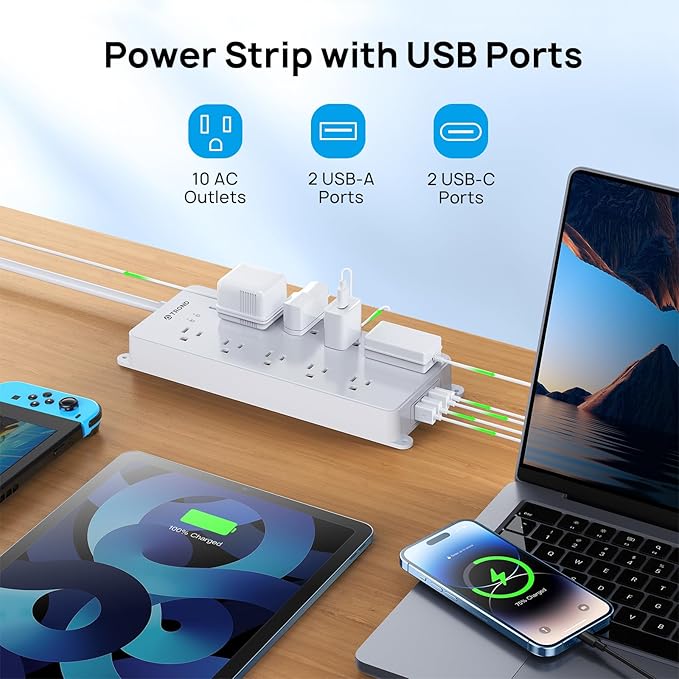TROND Power Strip Surge Protector, 4000J, ETL Listed, 10 Widely Spaced Outlets, 2 USB A & 2 USB C Ports, Flat Plug Power Strip, 10ft Long Extension Cord, Wall Mountable, for Home Office Garage, White
