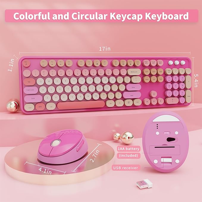 Wireless Keyboard and Mouse Combo, Ergonomic Full Size Typewriter Retro Round Keycaps Keyboard, Compatible with Windows, PC, Perfer for Home and Office Keyboards (Red)