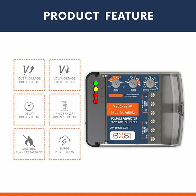 BXST Wiring Surge Protector with Adjustable Over/Under Voltage Protection Power Suppressor Protector, 220V, 30A, Up to 6600W Heavy Duty Power Surge Protection for Refrigerators, Air Conditioning, TV