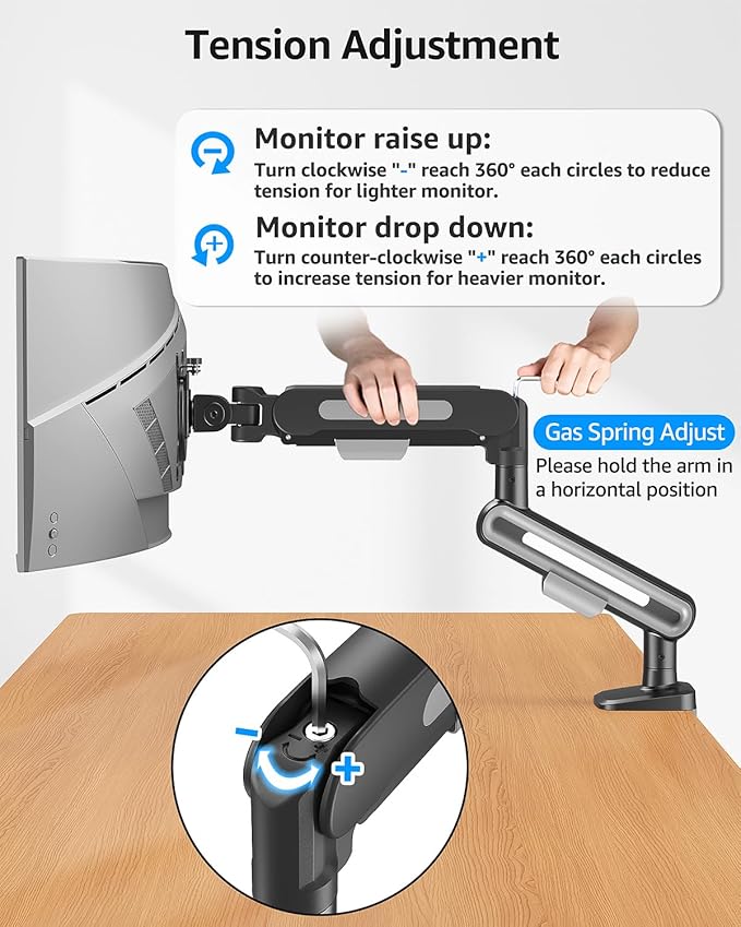 MOUNTUP Single Monitor Desk Mount for 4.4-26.5lbs, Heavy Duty Monitor Arm for 39 37 34 32 27inch, Full-Motion Monitors Stand, Height Adjustable Gas Spring Monitors Arm with C-Clamp&Grommet Base