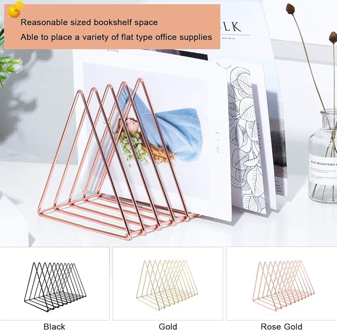 Urban Deco Triangle Desk Organizers Metal Wire Magazine Holder 10 Sections Decorative File Folder Organizer Vinyl Record Storage Office File Organizer For Desk - Rose Gold Magazine File Holder