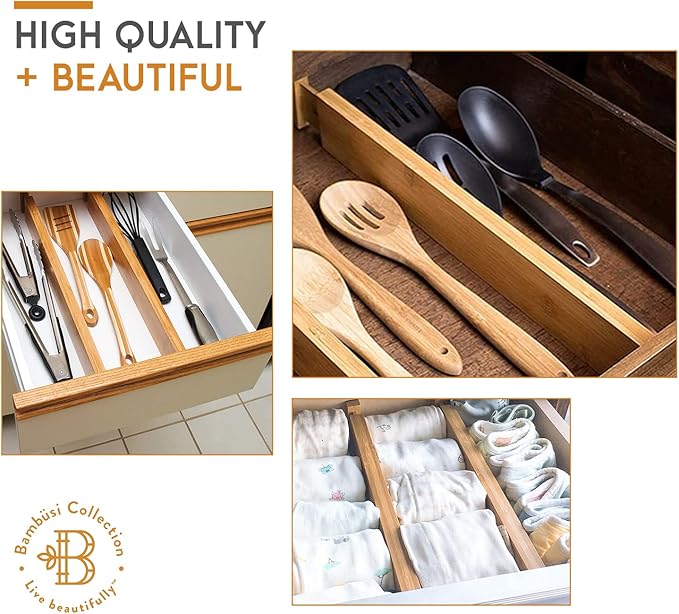 Bambüsi 4 Pack Drawer Divider - Bamboo 2.6" High, 12.5-17" Adjustable Drawer Organizers for Clothes, Expandable Dresser Separators in Bedroom/Bathroom/Kitchen/Office Organization and Storage