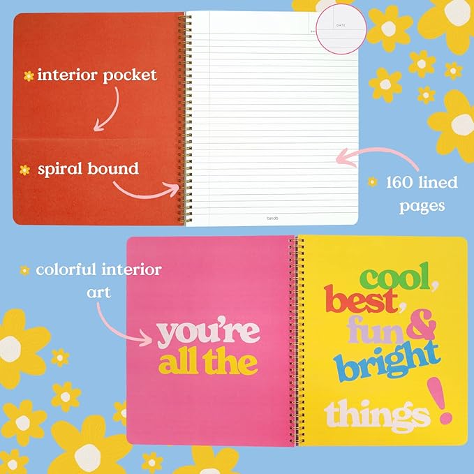 ban.do Floral Rough Draft Large Spiral Notebook, 11" x 9" with Pockets and 160 College Ruled Pages, Green Geometric Flowers