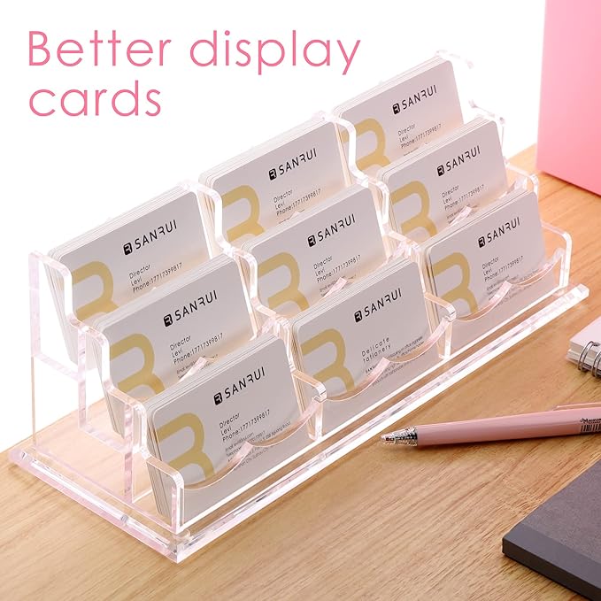 SANRUI Clear Horizontal Business Card Holder Stand for Desk, Acrylic Desktop Display Name Cards Holders Organizer Storage Rack,for Exhibition, Home , Office ,3 Tier 9 Pocket , 540 Card Capacity