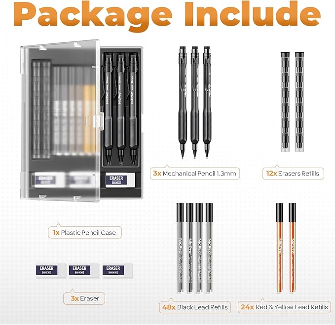 Nicpro 3 Pack Weatherproof Mechanical Pencil Set, 1.3mm Metal Mechanical Pencils, Heavy Duty Pencil for Outdoor All Weather Marking Drafting Drawing with 75 Lead Refills, Erasers, Case (Black, HD1000)