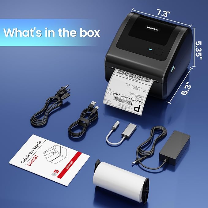 Bluetooth Shipping Label Printer 4x6 - D450BT Thermal Label Printer for Shipping Packages, Small Business, Home, Office, Compatible with Amazon, Ebay, Etsy, USPS