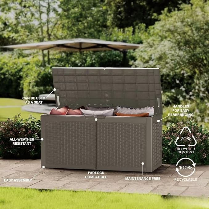 200 Gallon Resin Deck Box, Waterproof Outdoor Storage Bin for Patio Furniture, Pool Accessories, and Garden Tools, Lockable & UV-Resistant, Grey