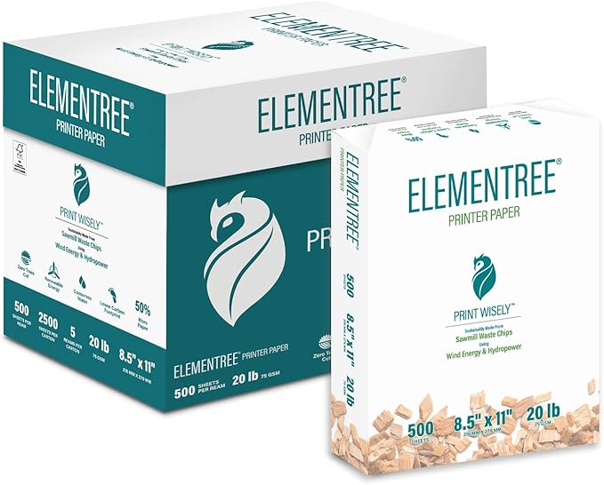 Elementree Sustainable Printer Paper Case 8.5" x 11" – Made from Sawmill Waste – 20 lb Copy & Multipurpose Computer Paper – 2500 Sheets – Made in the USA - Printer & Copier Compatible (00918C)