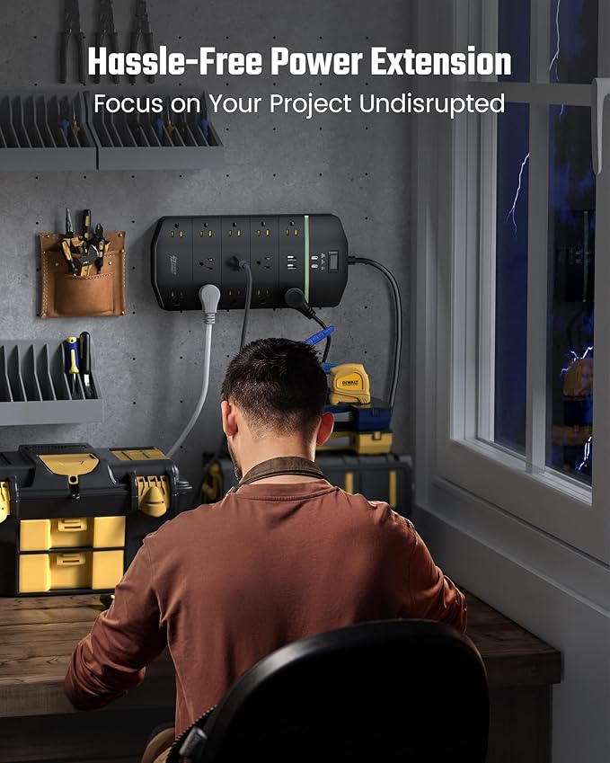 SUPERDANNY 15A Power Strip Surge Protector 5000 J with 13 AC Outlets 2 USB-A & 2 USB-C PD 20W Fast Charging Heavy Duty 14AWG/3C Industrial Grade 10ft Extension Cord for Workbench Home Office Black