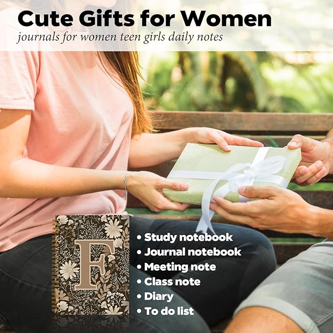 Initial F Personalized Journal Notebook, Boho Floral Journaling Notebooks for Women Girls, Costom Monogrammed Gifts for Women Mom Girls Friends, Letter Spiral Notebook, 5.5x8.3