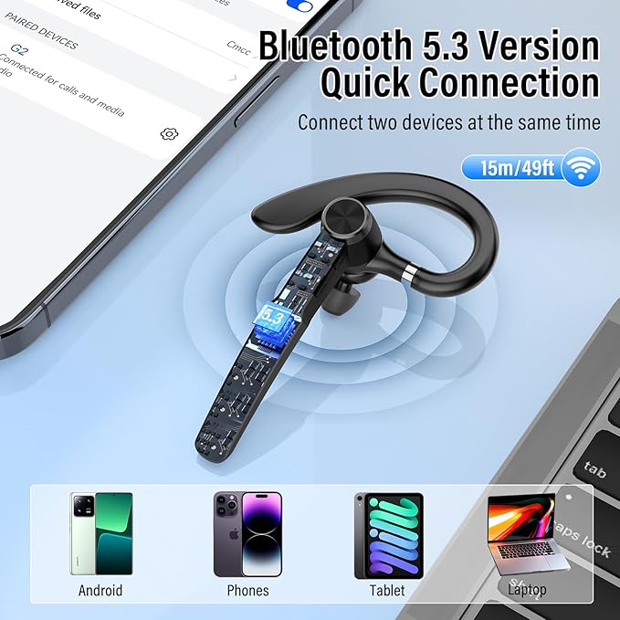 Bluetooth Headset, Wireless Headset with ENC Mic, 60H Talking Time Single-Ear Bluetooth Earpiece V5.3 with Large Charging Case, IP7 Waterproof Hand-Free Headphones for IOS Android Cellphones Black