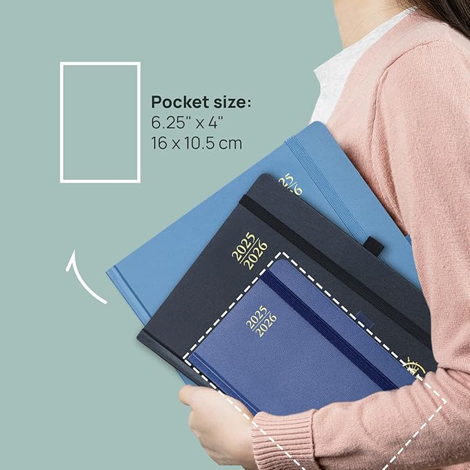 POPRUN Pocket Planner 2025-2026, (Purse Size 4''x 6.25'' Hard Cover) Academic Year Calendar Daily Weekly and Monthly (July 25-June 26) with Hourly Time Slots, 100 GSM Paper - Light Yellow