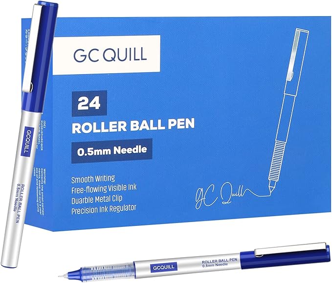 GC QUILL 48 Rollerball Pens 0.5mm Needle Point Black Liquid Ink Pens 24 and Blue Liquid Ink Pens 24 for Bullet Journaling, Office Supplies for Writing, Taking Notes & Sketching BKL48