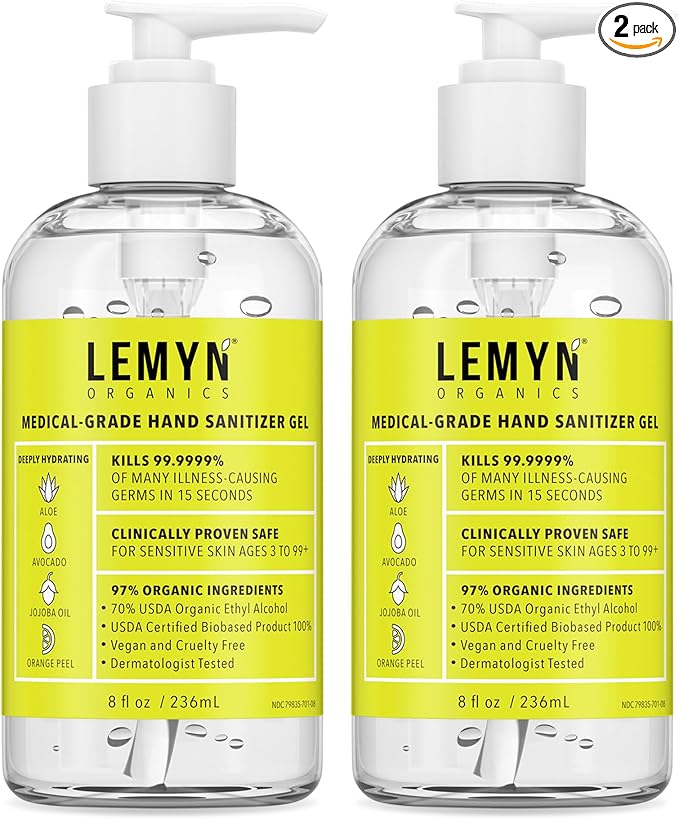 Medical‑Grade Hand Sanitizer Gel – 97 % Organic | 70 % USP Ethyl Alcohol | Moisturizing Aloe + Hyaluronic Acid | Freshly Made in USA | 8oz Bottle with Pump (PACK OF 2)