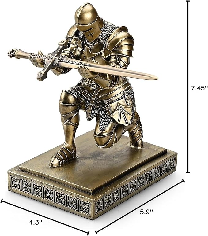 Medieval Armored Warrior Knight Pen Holder Desk Organizers and Accessories Resin Pencil Holder Paperweight as Gift with a Cool Letter Opener for Desk (Bronze)