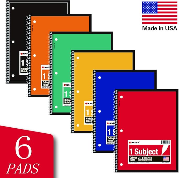 KAISA 70 Sheet 1-Subject Wirebound Notebook Spiral Notebooks, College Ruled 10.5x8 Spiral Notebooks For School Students Office, Pack of 6 Pads,S07001C