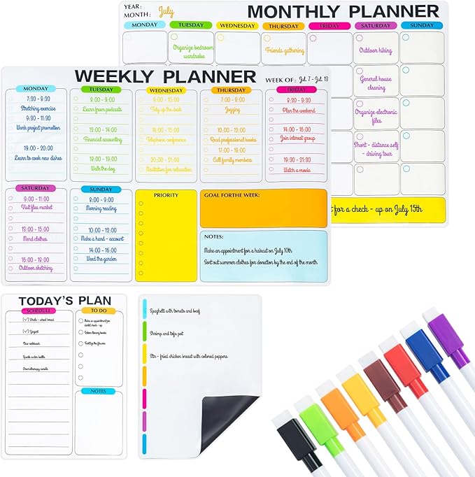 M&G Dry Erase Magnetic Fridge Calendar Set, 4 Pack- Monthly & Weekly & Daily Planner Whiteboard with 10 Markers and Eraser, Chore Chart for Refrigerator Wall Door, Family Schedule Planning Whiteboards