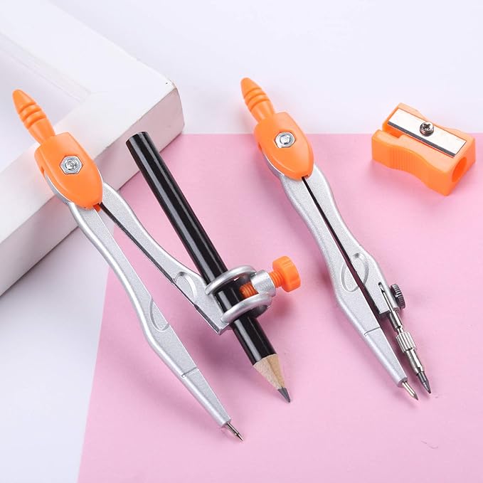 Math Geometry Kit Sets 10 Piece Student Supplies with Shatterproof Storage Box,Includes Rulers,Protractor,Compass,Eraser,Pencil Sharpener,Lead Refills,Pencil,for Drafting(Orange)