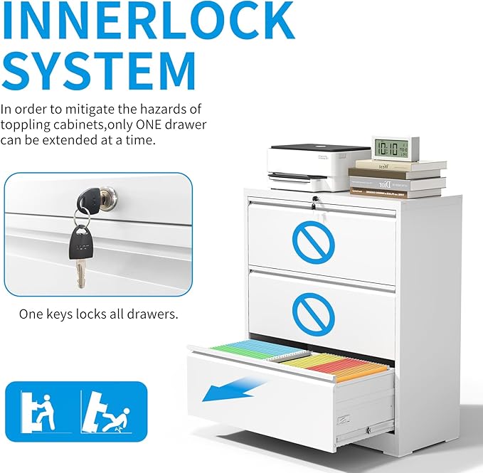 3 Drawer Lateral File Cabinet with Lock, Metal Lateral Filing Cabinet for Home Office, Steel Wide Horizontal Filing Cabinets for Letter/Legal/A4/F4 Hanging Files (White)