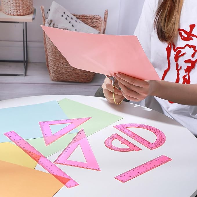 Tenare 6 Pcs Plastic Ruler Math Set Includes 12 Inch 6 Inch Straight Protractor Triangle Geometry Transparent Math Ruler Measuring Tools for School Office Home(Pink)