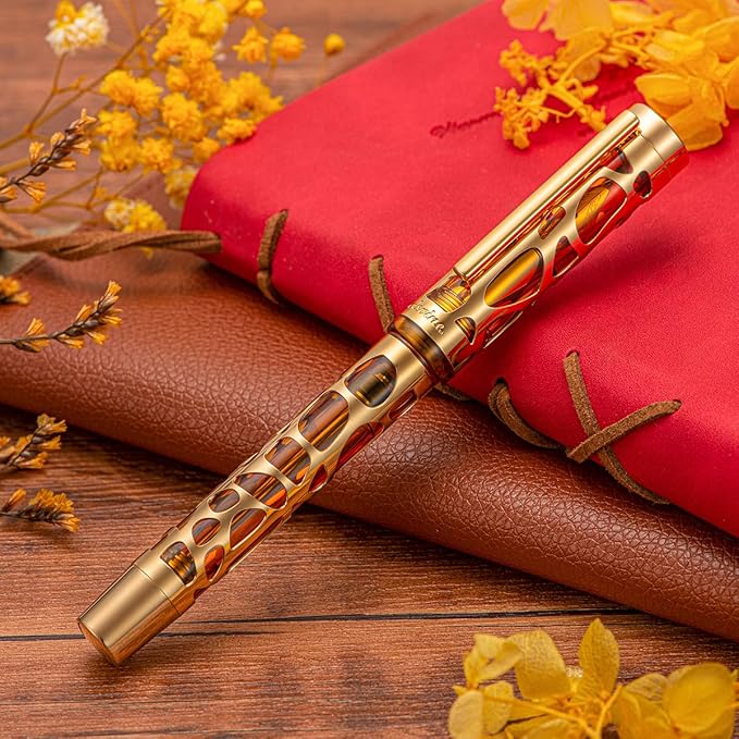 Asvine V169 Vacuum Filling Fountain Pen Medium Nib, Water Drop Skeleton Gold Trim Transparent Coffee Acrylic Pen Case Set