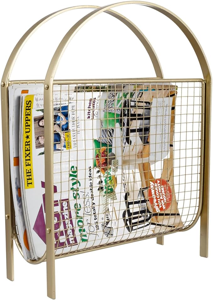 MyGift Mid-Century Design Magazine Rack, Matte Black Tone Metal Mesh Freestanding Magazine Organizer Holder Sling (Brass)