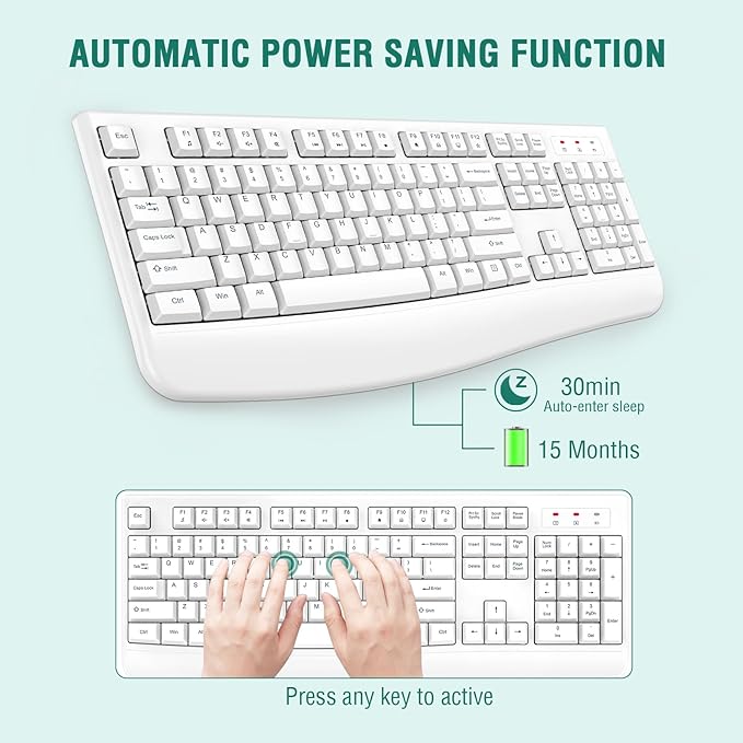 EDJO Wireless Keyboard, 2.4G Ergonomic Full Size Wireless Computer Keyboard with Wrist Rest for Windows, Mac OS Desktop/Laptop/PC(White)