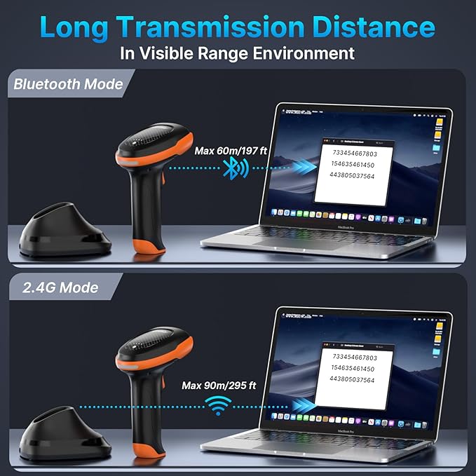 AGPTEK Bluetooth & 2.4GHz Wireless Barcode Scanner with Patented Color Light Technology for Color Barcodes, 2D/1D QR Code Reader, Customizable Settings & Wireless Charging Cradle