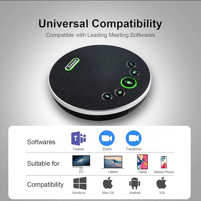 Tenveo Conference Speaker Microphone, Bluetooth/Dongle/USB Connectivity, 360ยฐ Sound Pickup and AI Noise Reduction, Compatible with Zoom, Teams, OBS, Supports 10-12 People for 8 Hours of Talk Time