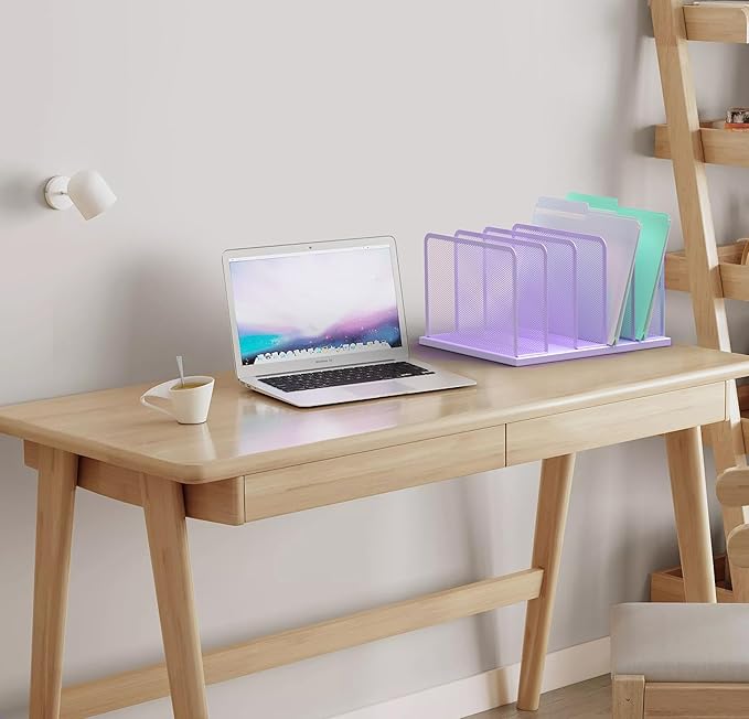 Kuntine.B Desk File Organizer Upright Mesh Desktop Organizer File Sorter Office Organization File Holder for Home, Office & Classroom (Purple, 1 Pack 5-Section)