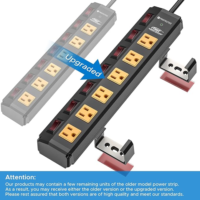 CRST 6 Outlet Metal Heavy Duty Power Strip with Individual Switches, 6FT Wall Mount Garage Power Strip, Surge Protector (1200 Joules), 15amp/1875W, 14AWG SJT Power Cord