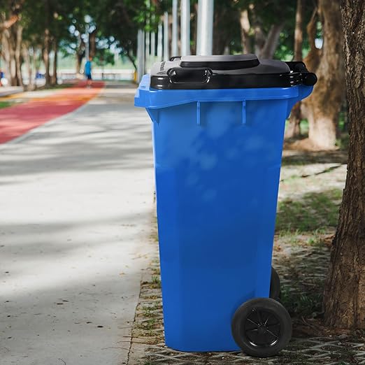 32 Gallon Recycling Rollout Trash Can with Lid, Commercial Heavy-Duty Wheeled Outdoor Garbage Can, Blue