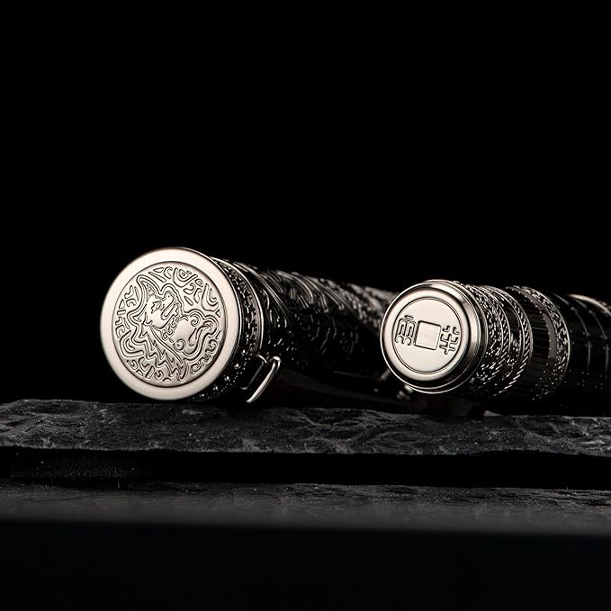 Hongdian D5X Fountain Pen Extra Fine Nib Black Color, Qin Dynasty Retro Chinese Totem Engraving Smooth Writing Pen with Converter and Pen Box Set