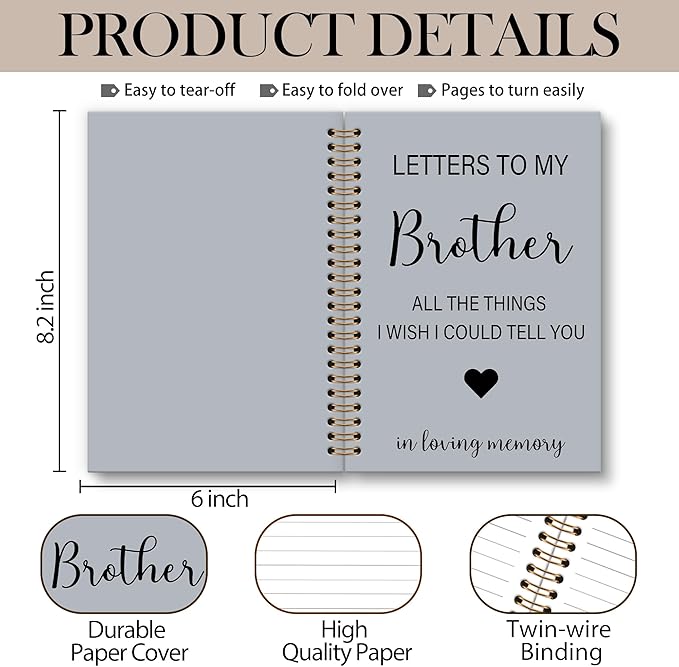 OINDADE Loss of Brother Sympathy Gifts Grief Notebook Journal, Letters to My Brother in Heaven Journal, Memorial Notebooks Gifts for Loss ofBrother, In Loving Memory Sympathy Gifts, 6x8.2In