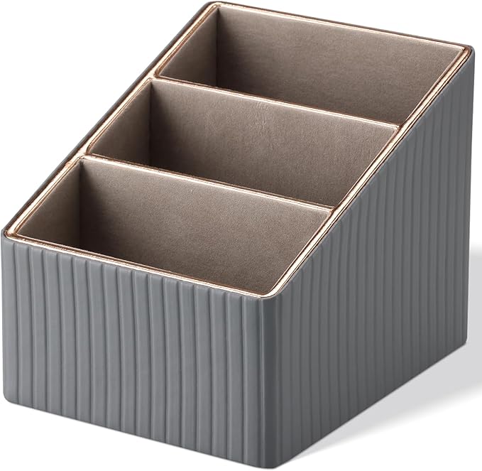 KINGFOM 3 Slot PU Leather Remote Controller Holder, Home Sundries Storage Box, TV Guide/Mail/CD Organizer/Caddy/Holder with Free Cable Desk Organizer (Grey)