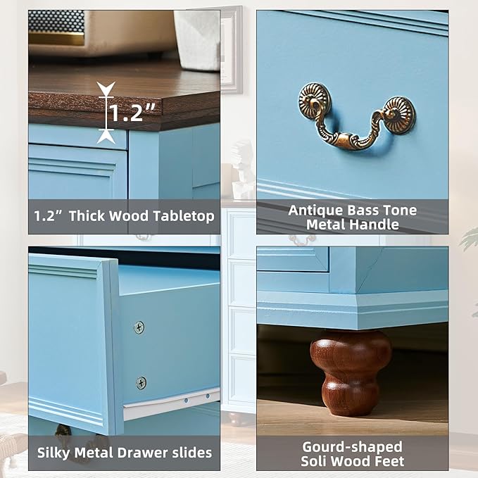 Farmhouse 4 Drawer Dresser Set of 2 for Bedroom, 37" Tall Rustic Chests of Drawers w/ 4 Solid Wood Feet, Mid Century Vintage Wooden Closet Storage Dressers Organizer for Living Room,Light Blue