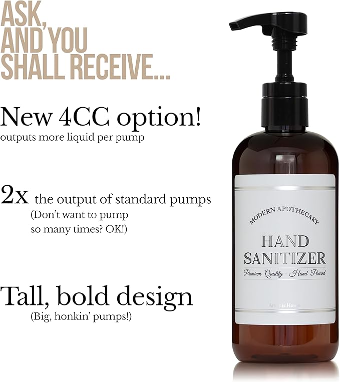 Refillable Amber PET Plastic 16 oz Empty Hand Sanitizer Bottle with High Output Black Plastic Pump Dispenser - Chrome Accent Waterproof Labeled Bottle