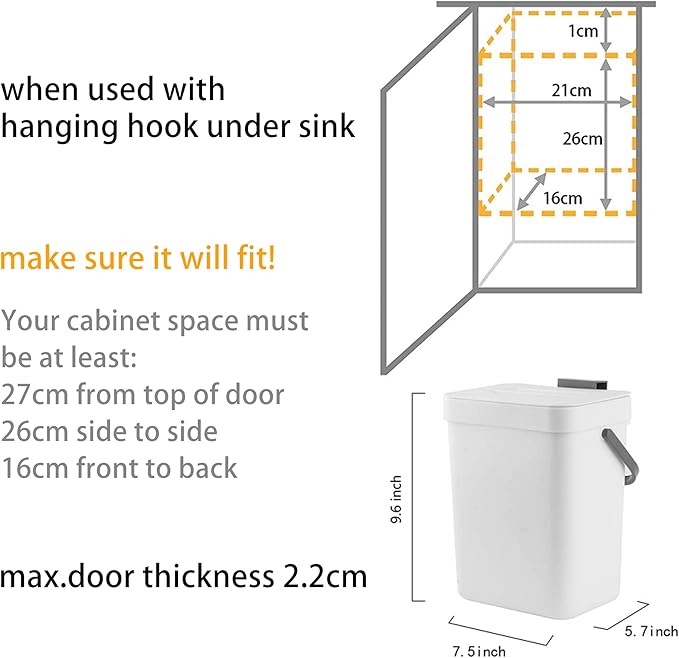 stonespace Hanging Small Trash Can with Lid Under Sink for Kitchen,1.3 Gallon/ 5L Mountable Compost Pail,Kitchen Compost Bin for Countertop, White