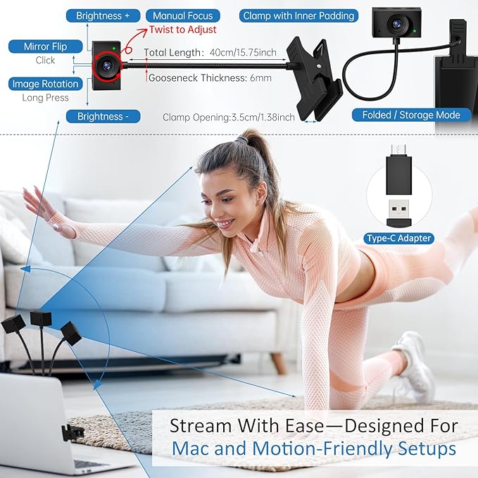 Eye Contact Web Camera for Desktop Computer – 1080P USB Camera with Microphone & Stand, Center Cam for Laptop or Desktop, Manual Focus, Plug & Play for macOS & Windows(Black)
