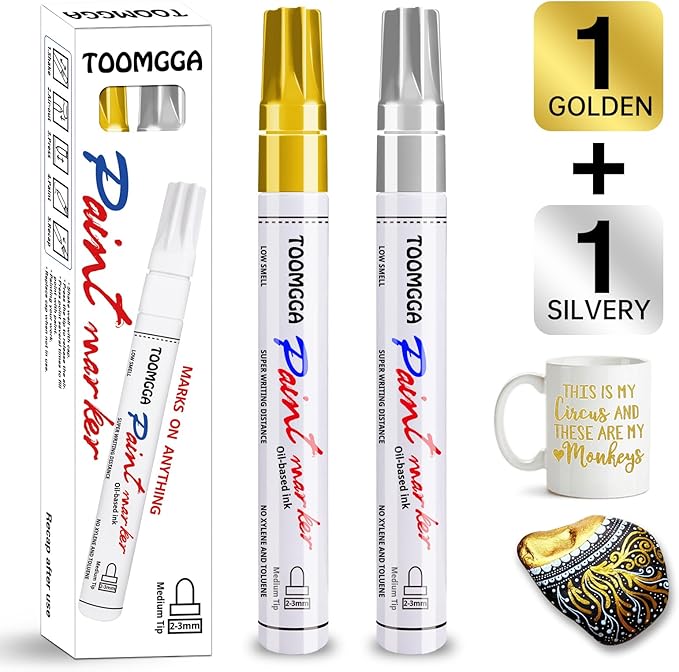 Gold and Silver Permanent Paint Pens - 2 Pack Oil Based Paint Markers, Pens for Rock Painting Car Tyre Metal, Plastic, Canvas, Mugs, Wood, Glass, Quick Drying and Waterproof, Medium Point