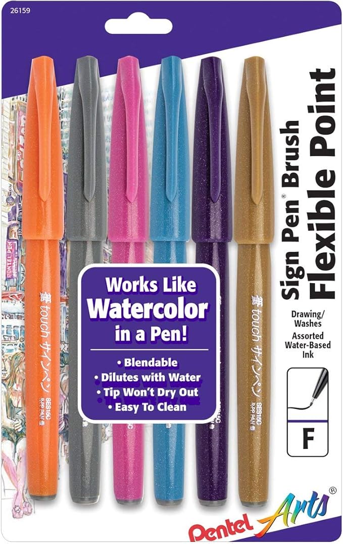 Pentel Arts Sign Pen Touch, Fude Brush Tip, Fashion Colors, Pack of 6 (SES15CBP6M1)